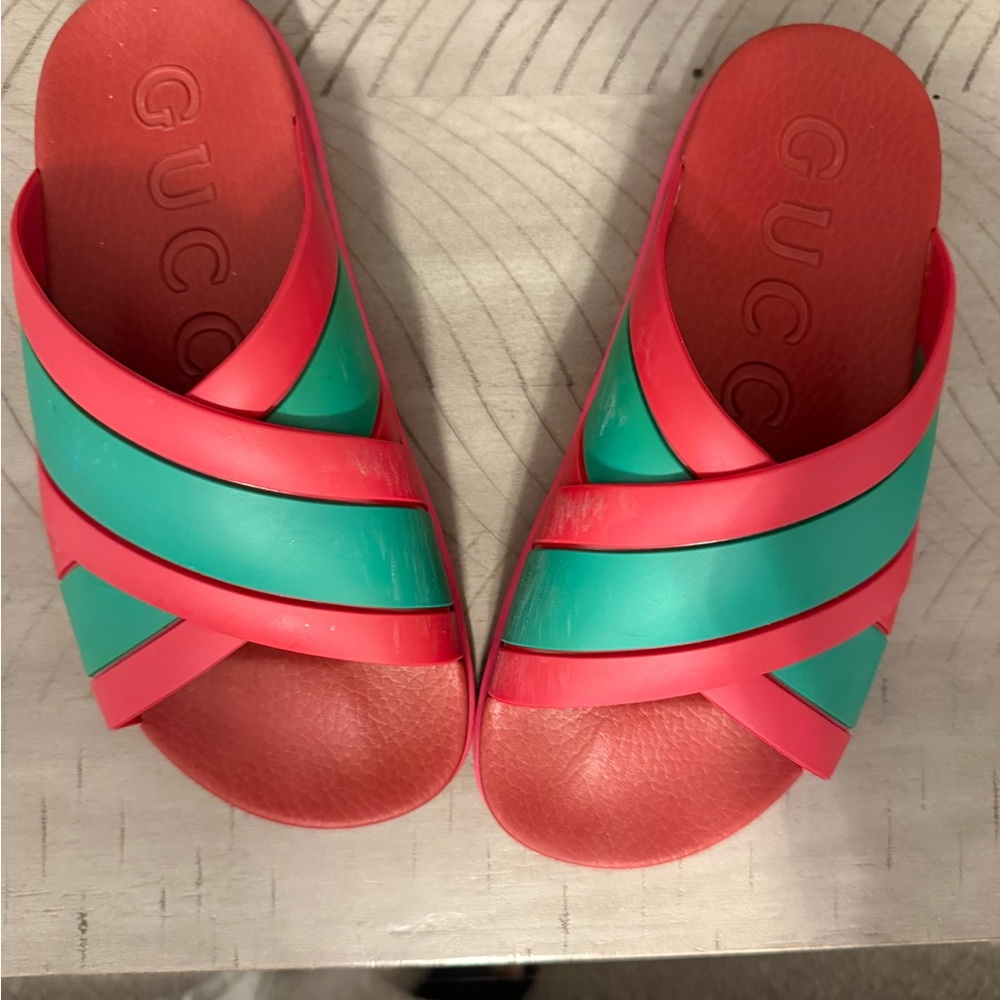 Gucci Red and Green Slide Sandals with Crossover Straps